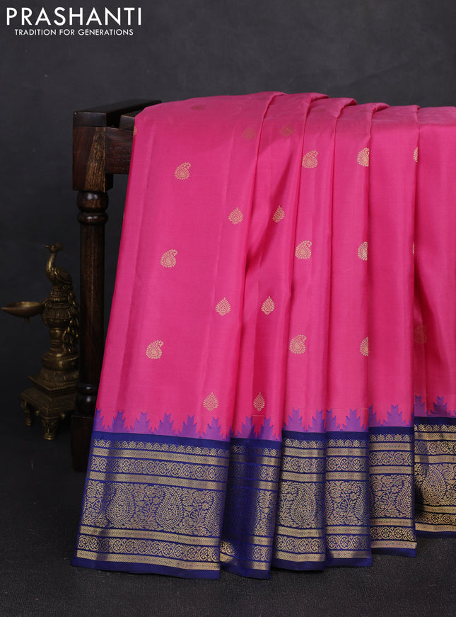 Pure gadwal silk saree pink and blue with zari woven buttas and temple design zari woven border