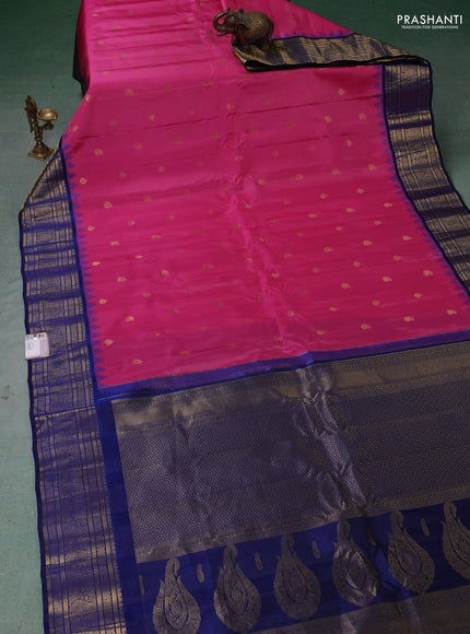 Pure gadwal silk saree pink and blue with zari woven buttas and temple design zari woven border