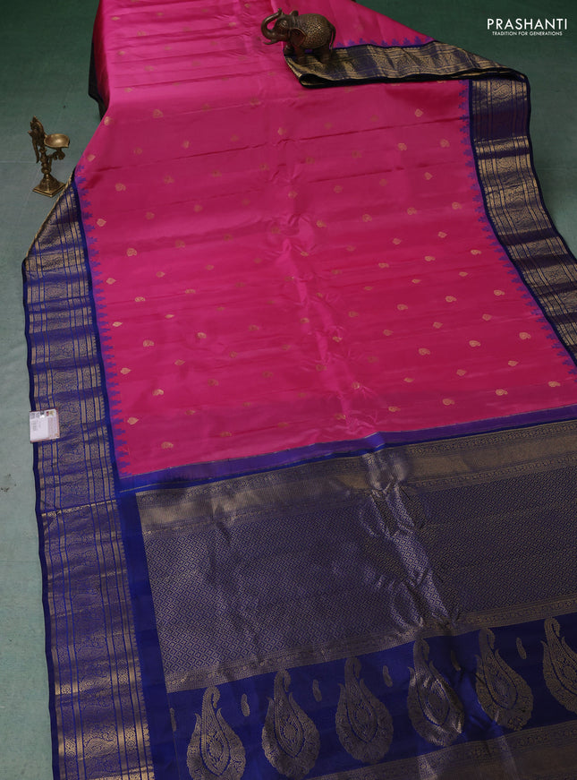 Pure gadwal silk saree pink and blue with zari woven buttas and temple design zari woven border