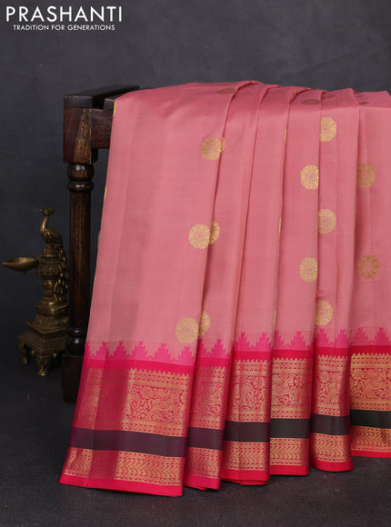 Pure gadwal silk saree peach shade and pink with zari woven buttas and temple design zari woven border