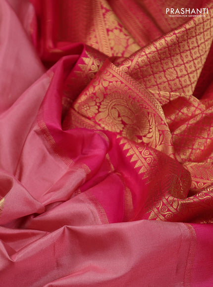 Pure gadwal silk saree peach shade and pink with zari woven buttas and temple design zari woven border