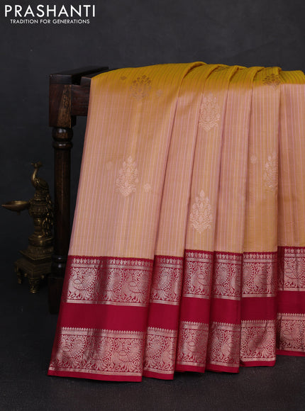 Pure gadwal silk saree mustard shade and dark magenta pink with allover zari stripe pattern and rettapet zari woven border