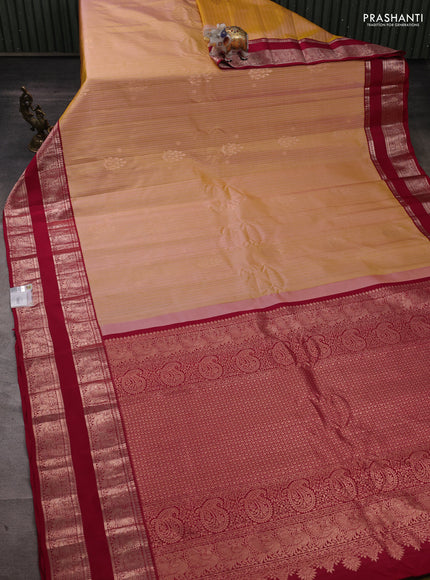 Pure gadwal silk saree mustard shade and dark magenta pink with allover zari stripe pattern and rettapet zari woven border