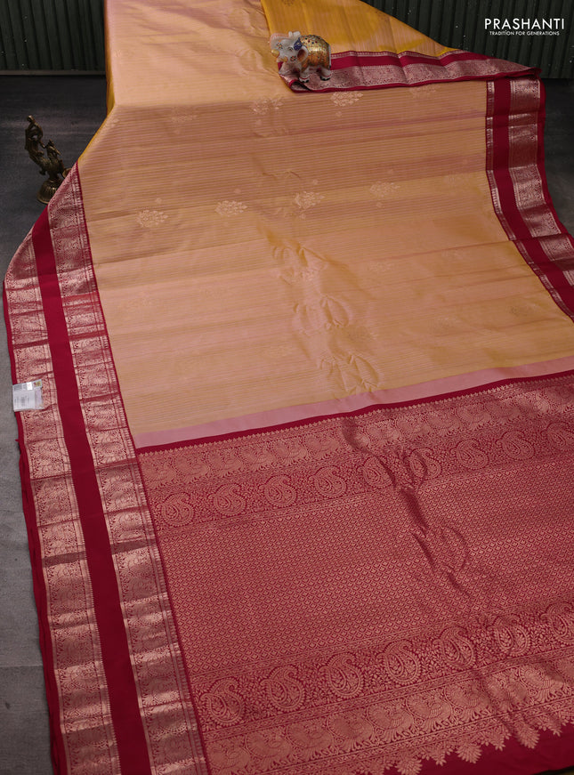 Pure gadwal silk saree mustard shade and dark magenta pink with allover zari stripe pattern and rettapet zari woven border