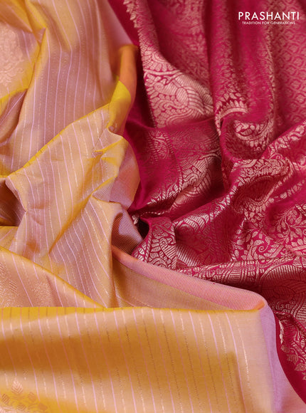 Pure gadwal silk saree mustard shade and dark magenta pink with allover zari stripe pattern and rettapet zari woven border