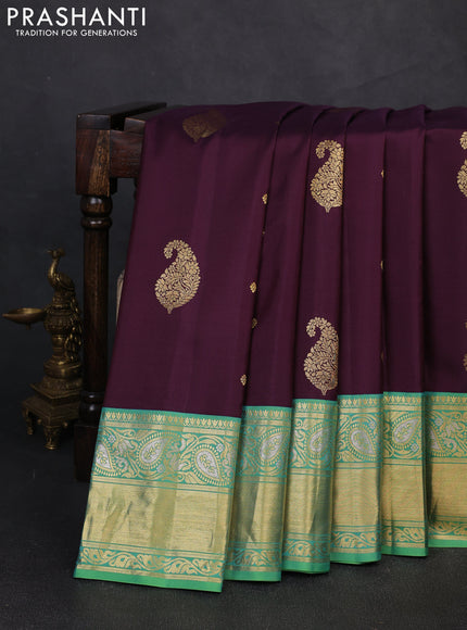 Pure gadwal silk saree wine shade and teal green shade with zari woven buttas and zari woven border