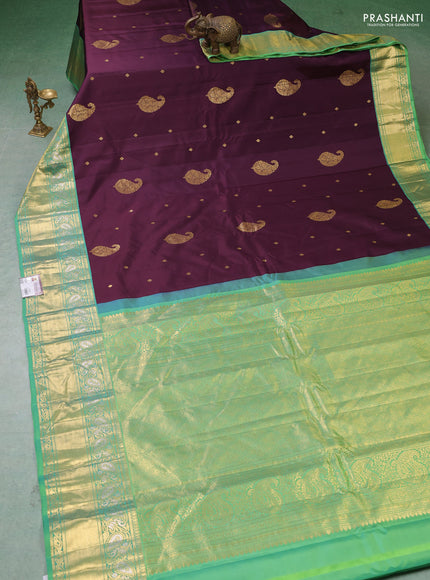 Pure gadwal silk saree wine shade and teal green shade with zari woven buttas and zari woven border