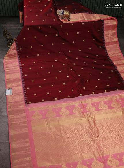Pure gadwal silk saree maroon and peach shade with zari woven buttas and temple design zari woven border