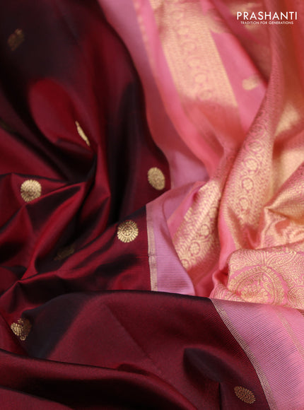 Pure gadwal silk saree maroon and peach shade with zari woven buttas and temple design zari woven border