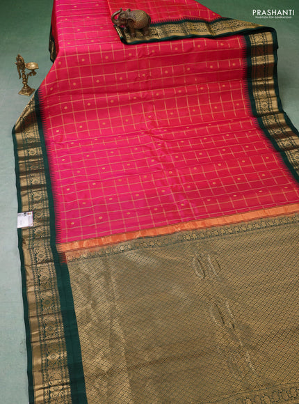 Pure gadwal silk saree pink and bottle green with allover zari checks & buttas and temple design zari woven border