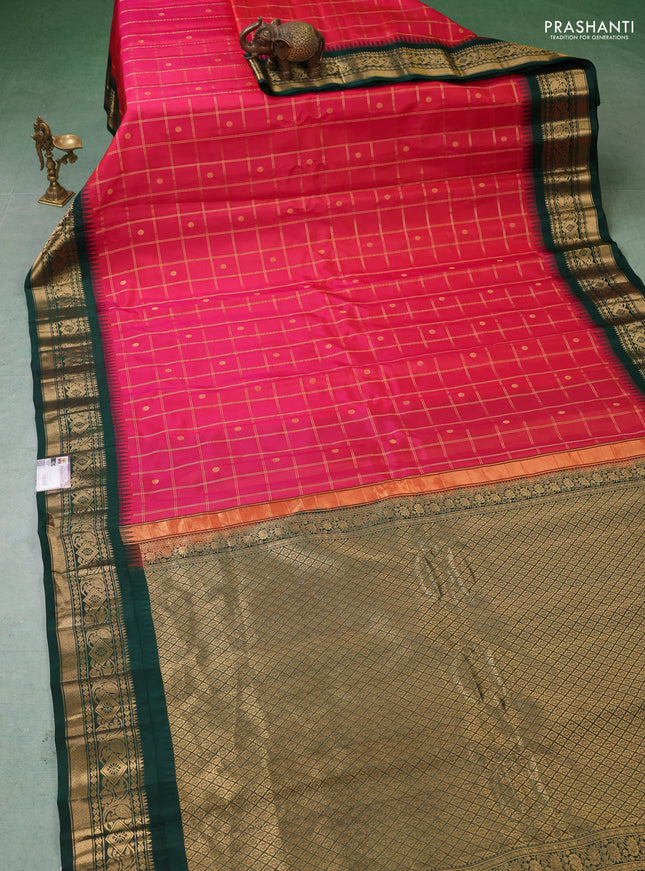 Pure gadwal silk saree pink and bottle green with allover zari checks & buttas and temple design zari woven border