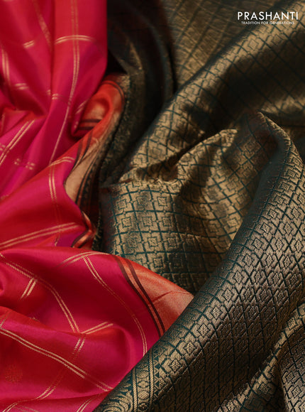Pure gadwal silk saree pink and bottle green with allover zari checks & buttas and temple design zari woven border