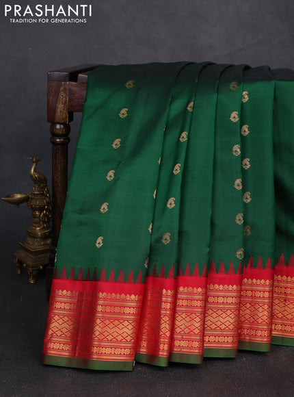 Pure gadwal silk saree bottle green and red with zari woven buttas and temple design zari woven border