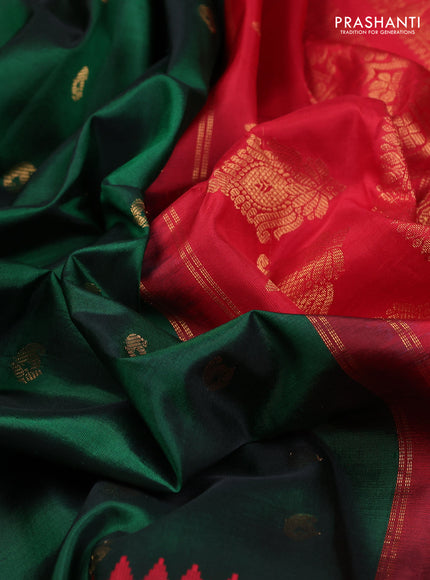 Pure gadwal silk saree bottle green and red with zari woven buttas and temple design zari woven border