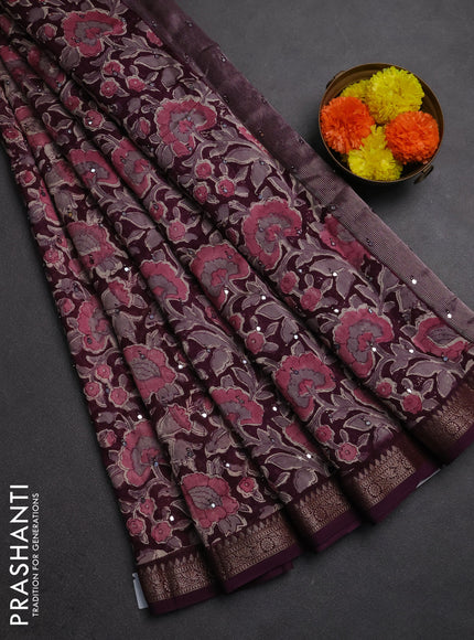 Chanderi silk cotton saree deep purple with allover prints & mirror work and banarasi border