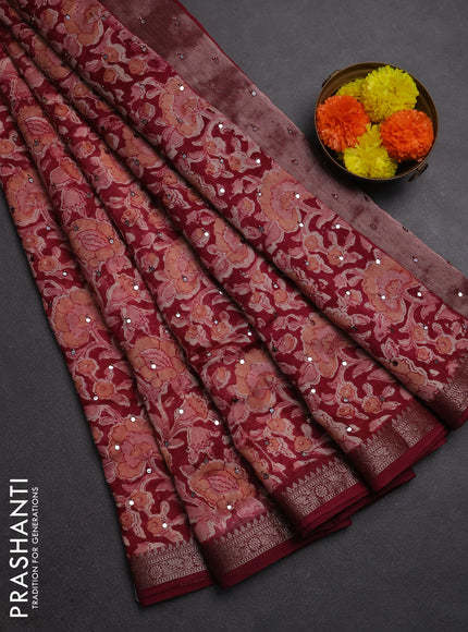 Chanderi silk cotton saree maroon shade with allover prints & mirror work and banarasi border