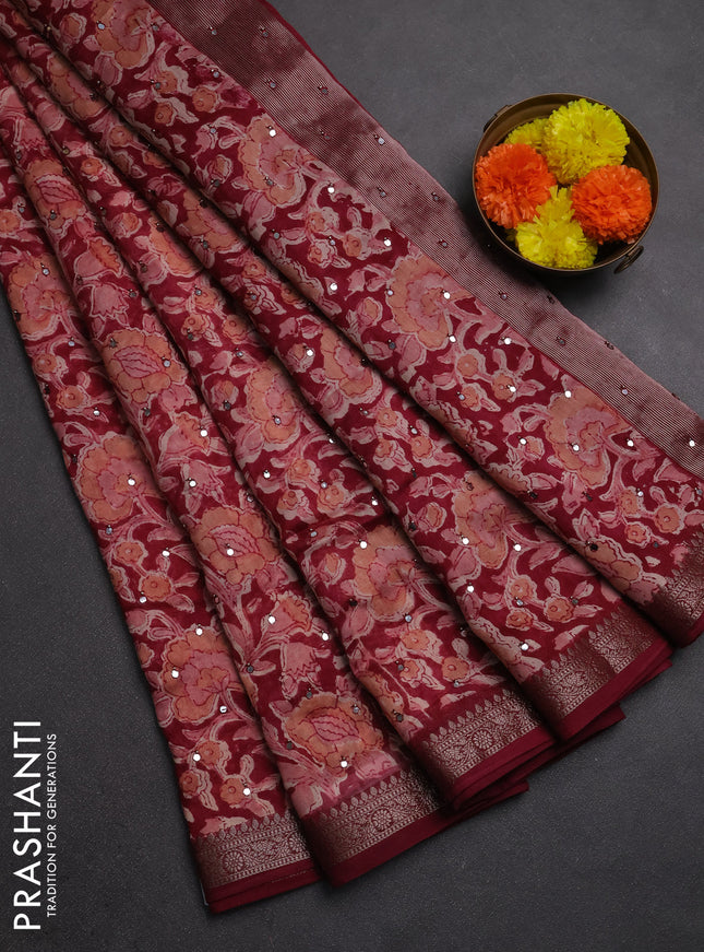 Chanderi silk cotton saree maroon shade with allover prints & mirror work and banarasi border