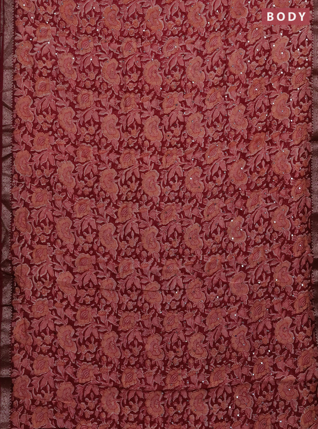 Chanderi silk cotton saree maroon shade with allover prints & mirror work and banarasi border