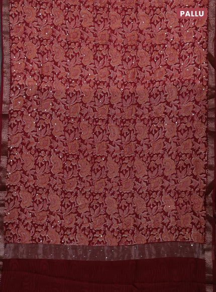 Chanderi silk cotton saree maroon shade with allover prints & mirror work and banarasi border