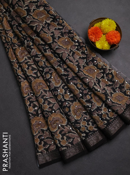 Chanderi silk cotton saree black with allover prints & mirror work and banarasi border