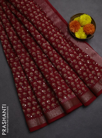 Chanderi silk cotton saree red with allover floral butta prints & mirror work and banarasi border