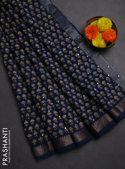 Chanderi silk cotton saree peacock blue with allover floral butta prints & mirror work and banarasi border