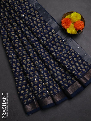 Chanderi silk cotton saree peacock blue with allover floral butta prints & mirror work and banarasi border
