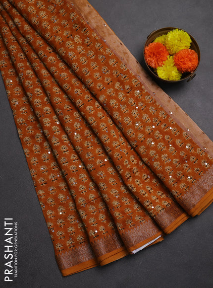 Chanderi silk cotton saree mustard yellow with allover floral butta prints & mirror work and banarasi border