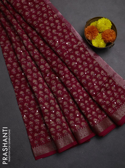 Chanderi silk cotton saree pink with allover floral butta prints & mirror work and banarasi border