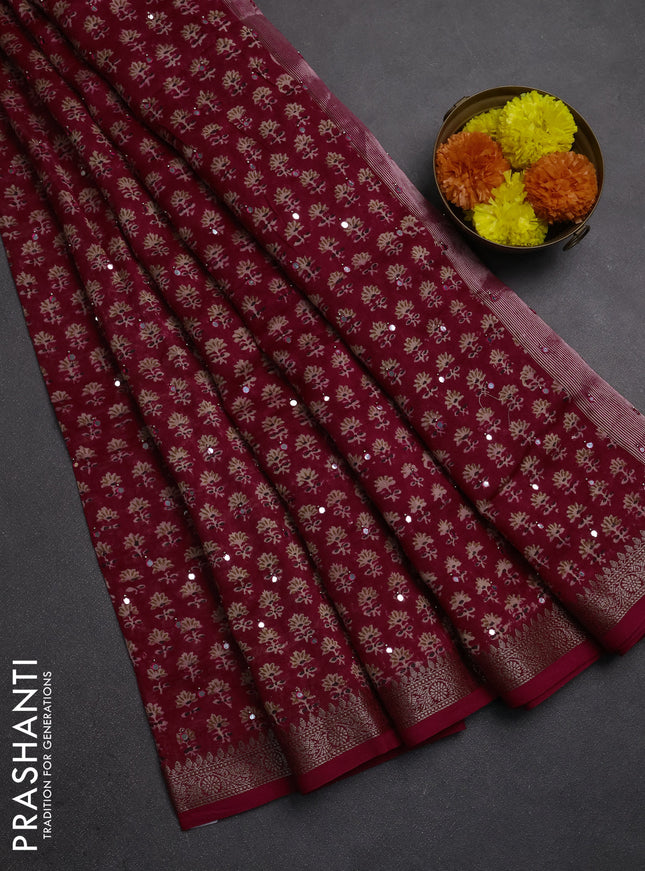 Chanderi silk cotton saree pink with allover floral butta prints & mirror work and banarasi border