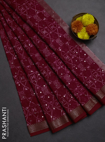 Chanderi silk cotton saree pink and red with allover geometric prints & mirror work and banarasi border