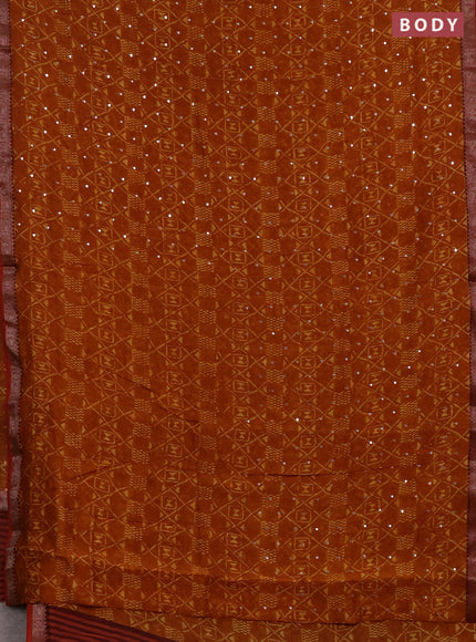 Chanderi silk cotton saree dark mustard and maroon shade with allover geometric prints & mirror work and banarasi border