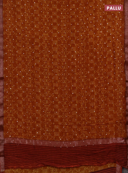 Chanderi silk cotton saree dark mustard and maroon shade with allover geometric prints & mirror work and banarasi border