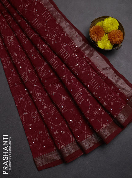 Chanderi silk cotton saree kumkum red with allover geometric prints & mirror work and banarasi border