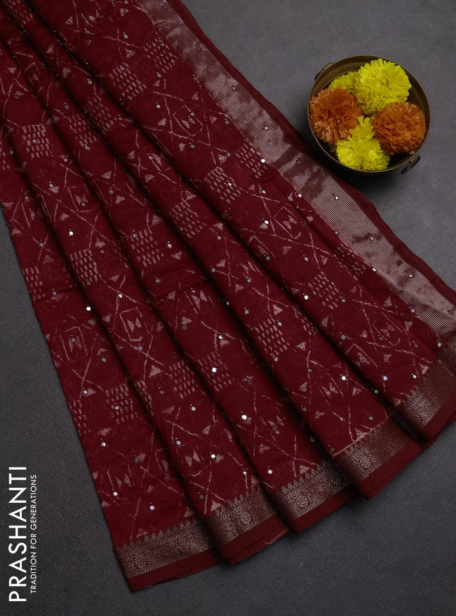 Chanderi silk cotton saree kumkum red with allover geometric prints & mirror work and banarasi border