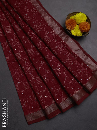 Chanderi silk cotton saree kumkum red with allover geometric prints & mirror work and banarasi border