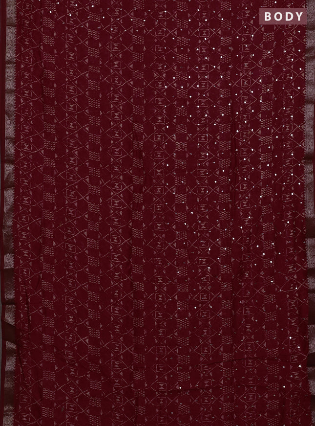 Chanderi silk cotton saree kumkum red with allover geometric prints & mirror work and banarasi border
