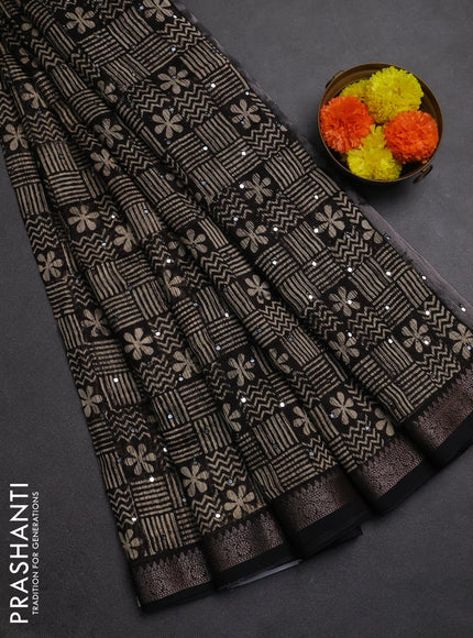 Chanderi silk cotton saree black with allover prints & mirror work and banarasi border