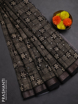 Chanderi silk cotton saree black with allover prints & mirror work and banarasi border