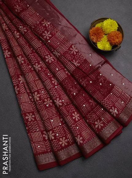 Chanderi silk cotton saree kumkum red with allover prints & mirror work and banarasi border