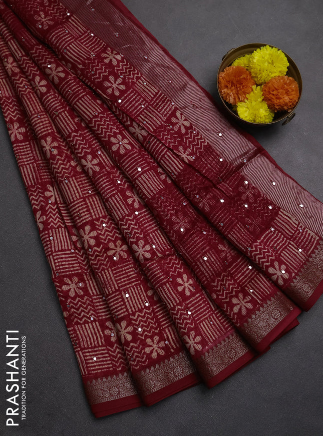 Chanderi silk cotton saree kumkum red with allover prints & mirror work and banarasi border