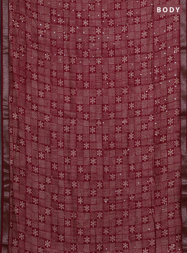 Chanderi silk cotton saree kumkum red with allover prints & mirror work and banarasi border