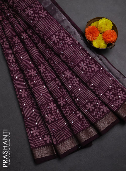 Chanderi silk cotton saree deep purple with allover prints & mirror work and banarasi border