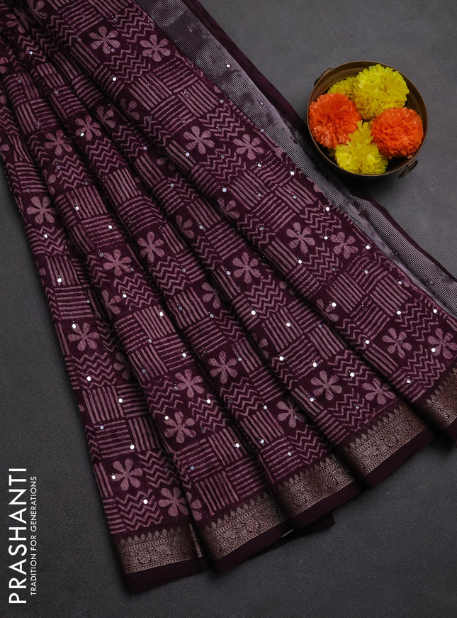 Chanderi silk cotton saree deep purple with allover prints & mirror work and banarasi border