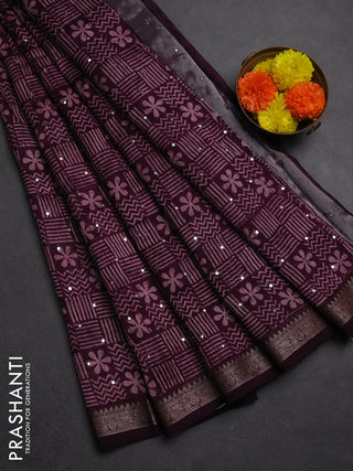 Chanderi silk cotton saree deep purple with allover prints & mirror work and banarasi border