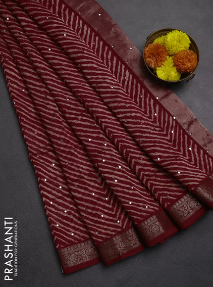 Chanderi silk cotton saree kumkum red with allover zigzag prints & mirror work and banarasi border