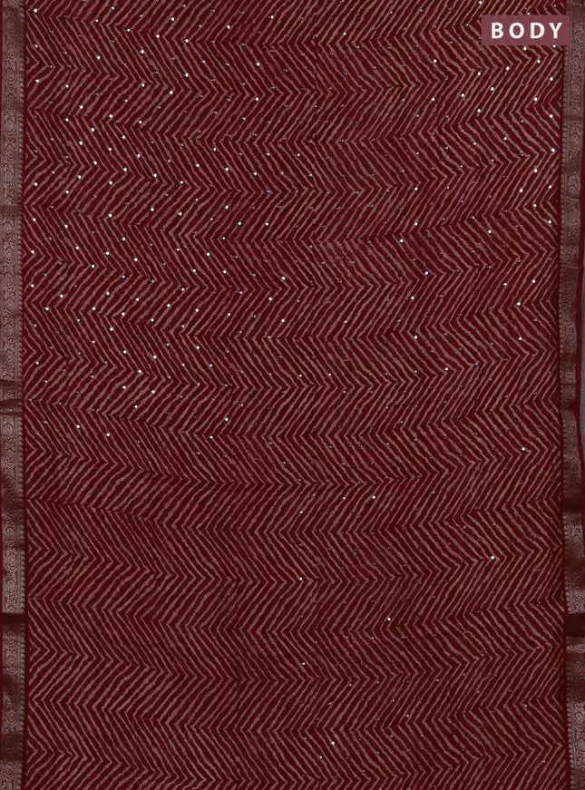 Chanderi silk cotton saree kumkum red with allover zigzag prints & mirror work and banarasi border