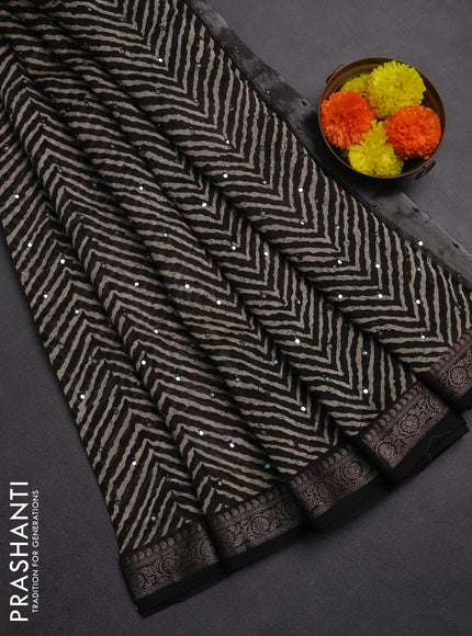 Chanderi silk cotton saree black with allover zigzag prints & mirror work and banarasi border