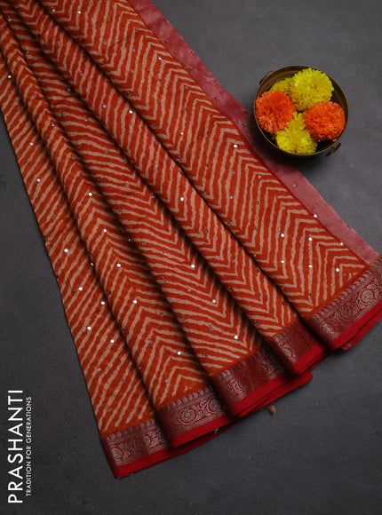 Chanderi silk cotton saree orange and red with allover zigzag prints & mirror work and banarasi border