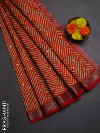 Chanderi silk cotton saree orange and red with allover zigzag prints & mirror work and banarasi border